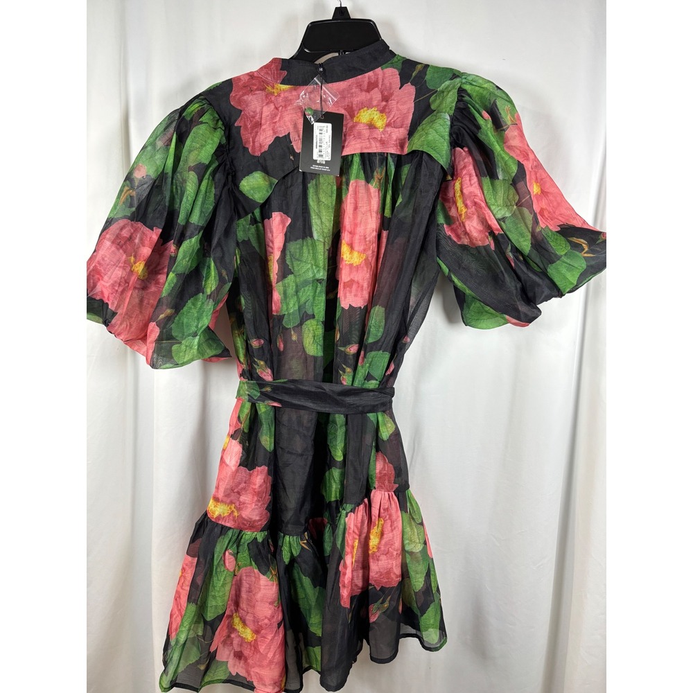 Beulah Style Womens Pink Green Floral Puff Sleeve Tiered Mini Dress Black Medium